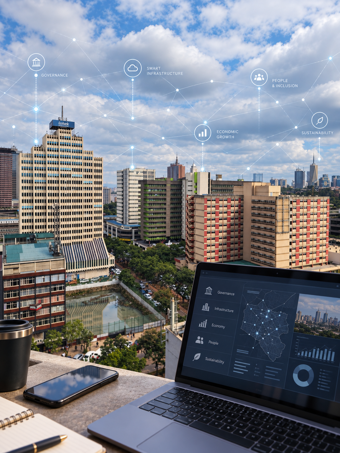 Nairobi’s skyline features a blend of modern and classic buildings beneath a partly cloudy sky. A subtle digital network overlay, laptop, and smartphone highlight the city’s connection to technology, AI, and digital governance.